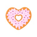 Heart shaped donut decorated with pink glaze and little heart shaped sprinkles. Doughnut for Valentines day isolated on Royalty Free Stock Photo