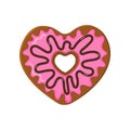 Heart shaped donut isolated on white background. Doughnut with pink icing and chocolate topping. Sweet dessert for Valentines day