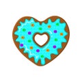 Heart shaped doughnut isolated on white background. Donut decorated with blue glaze, powdered sugar and mini candies Royalty Free Stock Photo
