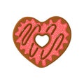 Heart shaped doughnut isolated on white background. Donut with strawberry glaze, coconut flakes and chocolate topping