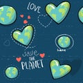 Heart shaped earth. Cartoon globe. web icons green happy nature character. love ecology earth planet world map seamless