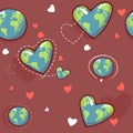 Heart shaped earth. Cartoon globe. web icons green happy nature character. love ecology earth planet world map seamless Royalty Free Stock Photo