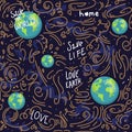 Heart shaped earth. Cartoon globe. web icons green happy nature character. love ecology earth planet world map seamless