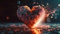 Heart-shaped figure dissolving into fragmented data blocks, symbolizing digital love fading away