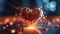 Heart-shaped figure dissolving into fragmented data blocks, symbolizing digital love fading away