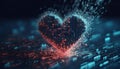 Heart-shaped figure dissolving into fragmented data blocks, symbolizing digital love fading away