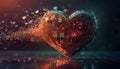 Heart-shaped figure dissolving into fragmented data blocks, symbolizing digital love fading away