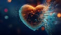 Heart-shaped figure dissolving into fragmented data blocks, symbolizing digital love fading away