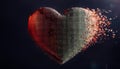 Heart-shaped figure dissolving into fragmented data blocks, symbolizing digital love fading away