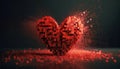 Heart-shaped figure dissolving into fragmented data blocks, symbolizing digital love fading away