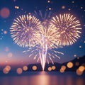 Heart Shaped Fireworks Over Calm Water at Sunset celebration display Royalty Free Stock Photo