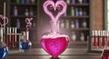 Heart Shaped Flask with Pink Liquid and Neon Hearts in Laboratory Setting Royalty Free Stock Photo