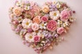 Heart-shaped floral arrangement, soft and romantic color palette with pastel shades, a dreamy and affectionate atmosphere