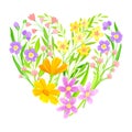 Heart Shaped Floristic Composition of Blooming Spring Meadow Flowers Vector Illustration