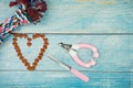 Heart-shaped food and pet supplies on wooden background Royalty Free Stock Photo