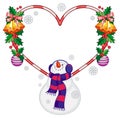 Heart-shaped frame with Christmas decorations and smiling snowman Royalty Free Stock Photo
