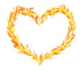 Heart shaped frame with fire flames. Hand drawn watercolor illustration. Isolated on white background Royalty Free Stock Photo