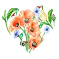 Heart shaped frame with insects and poppies watercolor illustration on white