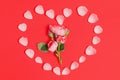 Heart Shaped Frame Made from Rose Petals on Red Royalty Free Stock Photo