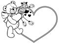 Heart-shaped frame with outline roses, teddy bear holding heart Royalty Free Stock Photo