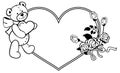 Heart-shaped frame with outline roses, teddy bear holding heart Royalty Free Stock Photo