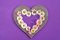 heart shaped frame with whole flowers on a purple background Royalty Free Stock Photo