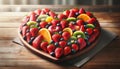A heart shaped fruit tray on a wooden table celebrating a special day, valentines day, anniversary, birthday