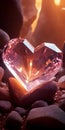 A pink heart-shaped crystal in a cave against the backdrop of a sunbeam. Wallpaper for your phone. Royalty Free Stock Photo