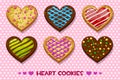 Heart shaped Gingerbread and chocolate cookies with multi-colored glaze, set Happy Valentines day