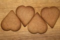 Heart shaped gingerbread cookies fresh from the oven, undecorated, preparing for Christmas at home Royalty Free Stock Photo