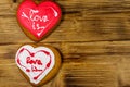 Heart shaped gingerbread cookies on wooden table. Top view, copy space. Dessert for valentine day Royalty Free Stock Photo