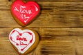 Heart shaped gingerbread cookies on wooden table. Top view, copy space. Dessert for valentine day Royalty Free Stock Photo