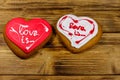 Heart shaped gingerbread cookies on wooden table.  Top view. Dessert for valentine day Royalty Free Stock Photo