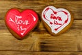 Heart shaped gingerbread cookies on wooden table. Top view. Dessert for valentine day Royalty Free Stock Photo