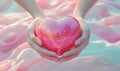 Heart-shaped glass object held in hands against soft pastel background Royalty Free Stock Photo