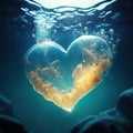 Heart shaped glowing air bubble or jellyfish underwater. Romantic concept wallpaper. Royalty Free Stock Photo