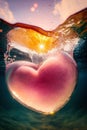 Heart shaped glowing air bubble with pink jellyfish underwater. Romantic concept wallpaper. Royalty Free Stock Photo