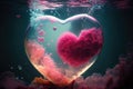 Heart shaped glowing air bubble with pink jellyfish underwater. Romantic concept wallpaper. Royalty Free Stock Photo