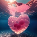 Heart shaped glowing air bubble with pink jellyfish underwater. Romantic concept wallpaper. Royalty Free Stock Photo