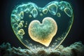 Heart shaped glowing air bubble underwater with jellyfish. Romantic concept wallpaper. Royalty Free Stock Photo