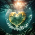 Heart shaped glowing air bubble underwater with jellyfish. Romantic concept wallpaper. Royalty Free Stock Photo