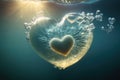 Heart shaped glowing air bubble underwater with jellyfish. Romantic concept wallpaper. Royalty Free Stock Photo