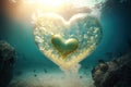 Heart shaped glowing air bubble underwater with jellyfish. Romantic concept wallpaper. Royalty Free Stock Photo