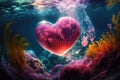 Heart shaped glowing pink jellyfish underwater. Romantic concept wallpaper. Royalty Free Stock Photo