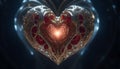 A heart shaped gold and red jeweled object with a light shining through.