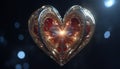 A heart shaped gold and red jeweled object with a light shining through.