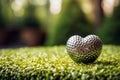 Heart shaped golf ball on green grass with bokeh background, vintage tone Royalty Free Stock Photo