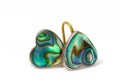 Heart-shaped green paua pearl shell earrings.