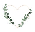Heart-shaped greenery wreath with rose gold hoop. Watercolor green leaf and foliage frame. Botanical painting Royalty Free Stock Photo