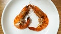 Heart shaped grilled shrimp on a white plate Royalty Free Stock Photo